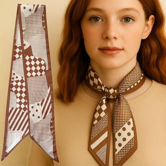 Slim Scarf Geometric Patchwork 34in Taupe Cream Modern Style Neutral Chic No66 - Picture 1 of 9